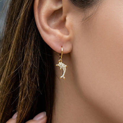 316L Stainless Steel 18K Gold PVD Dolphin Zircon Pave Earrings - Dolphin, Zircon Pave, Elegant, Coastal Wholesale Stainless Steel Jewelry - Sensitive Skin Friendly - Detail 14