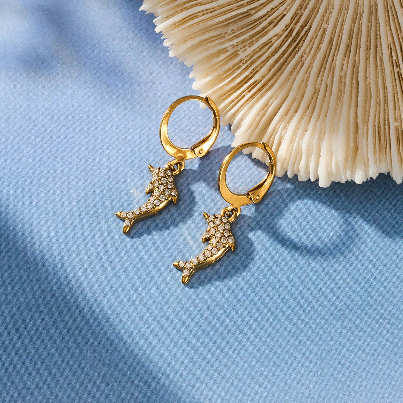 316L Stainless Steel 18K Gold PVD Dolphin Zircon Pave Earrings - Dolphin, Zircon Pave, Elegant, Coastal Wholesale Stainless Steel Jewelry - Sensitive Skin Friendly - Detail 15