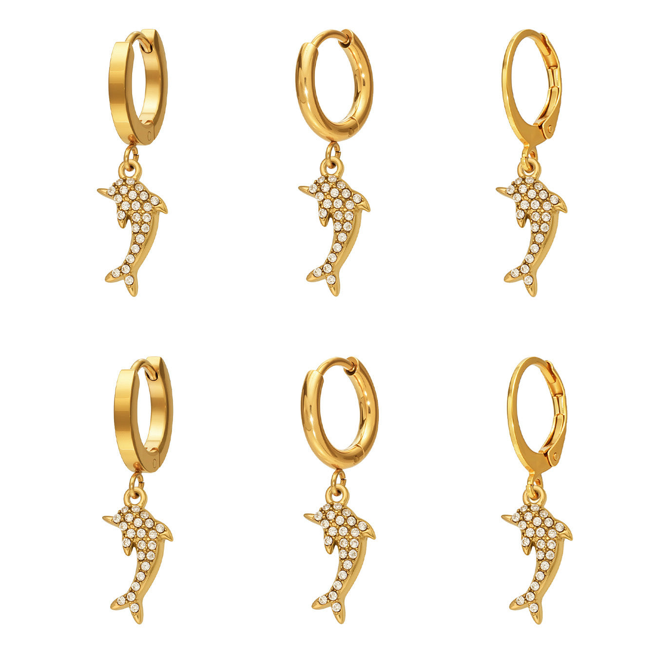 316L Stainless Steel 18K Gold PVD Dolphin Zircon Pave Earrings - Dolphin, Zircon Pave, Elegant, Coastal Wholesale Stainless Steel Jewelry - Sensitive Skin Friendly - Detail 16