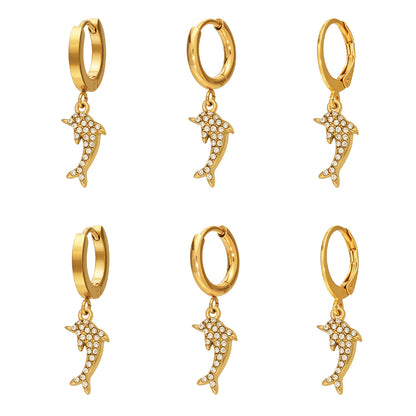316L Stainless Steel 18K Gold PVD Dolphin Zircon Pave Earrings - Dolphin, Zircon Pave, Elegant, Coastal Wholesale Stainless Steel Jewelry - Sensitive Skin Friendly - Detail 16