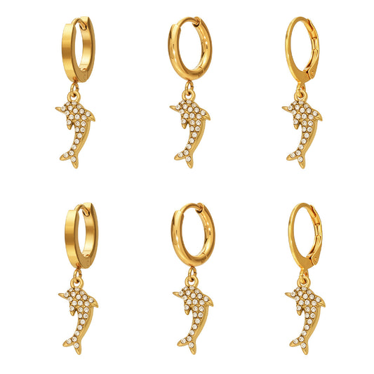 316L Stainless Steel 18K Gold PVD Dolphin Zircon Pave Earrings - Dolphin, Zircon Pave, Elegant, Coastal Wholesale Stainless Steel Jewelry - Sensitive Skin Friendly - Detail 16