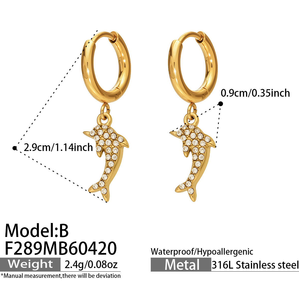 316L Stainless Steel 18K Gold PVD Dolphin Zircon Pave Earrings - Dolphin, Zircon Pave, Elegant, Coastal Wholesale Stainless Steel Jewelry - Sensitive Skin Friendly - Detail 2