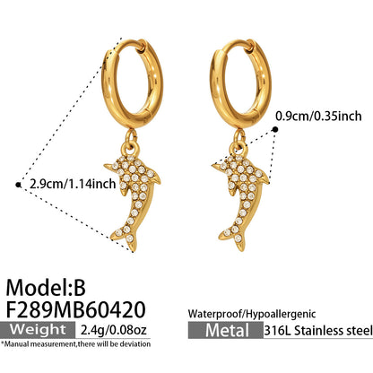 316L Stainless Steel 18K Gold PVD Dolphin Zircon Pave Earrings - Dolphin, Zircon Pave, Elegant, Coastal Wholesale Stainless Steel Jewelry - Sensitive Skin Friendly - Detail 2