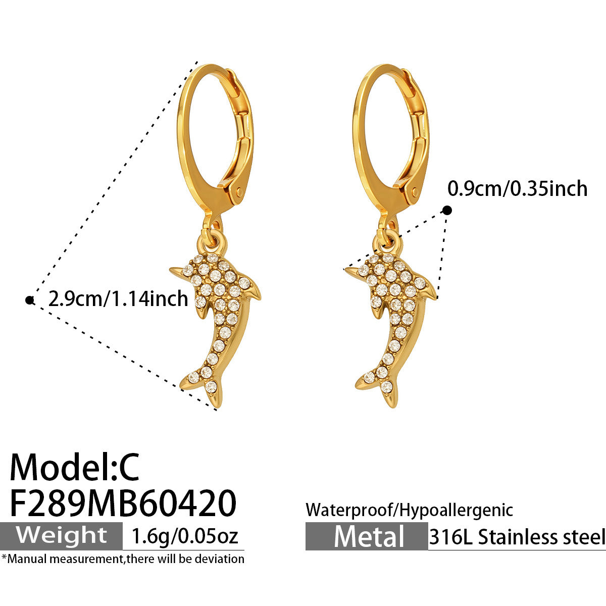 316L Stainless Steel 18K Gold PVD Dolphin Zircon Pave Earrings - Dolphin, Zircon Pave, Elegant, Coastal Wholesale Stainless Steel Jewelry - Sensitive Skin Friendly - Detail 3