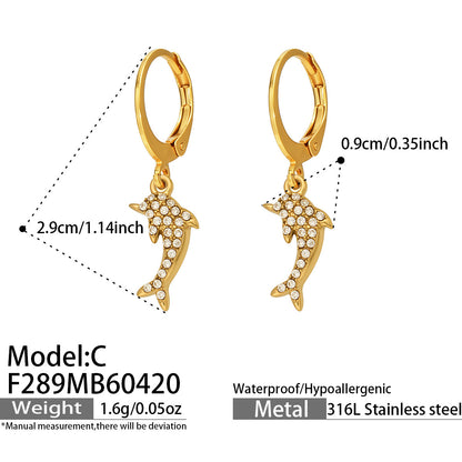 316L Stainless Steel 18K Gold PVD Dolphin Zircon Pave Earrings - Dolphin, Zircon Pave, Elegant, Coastal Wholesale Stainless Steel Jewelry - Sensitive Skin Friendly - Detail 3