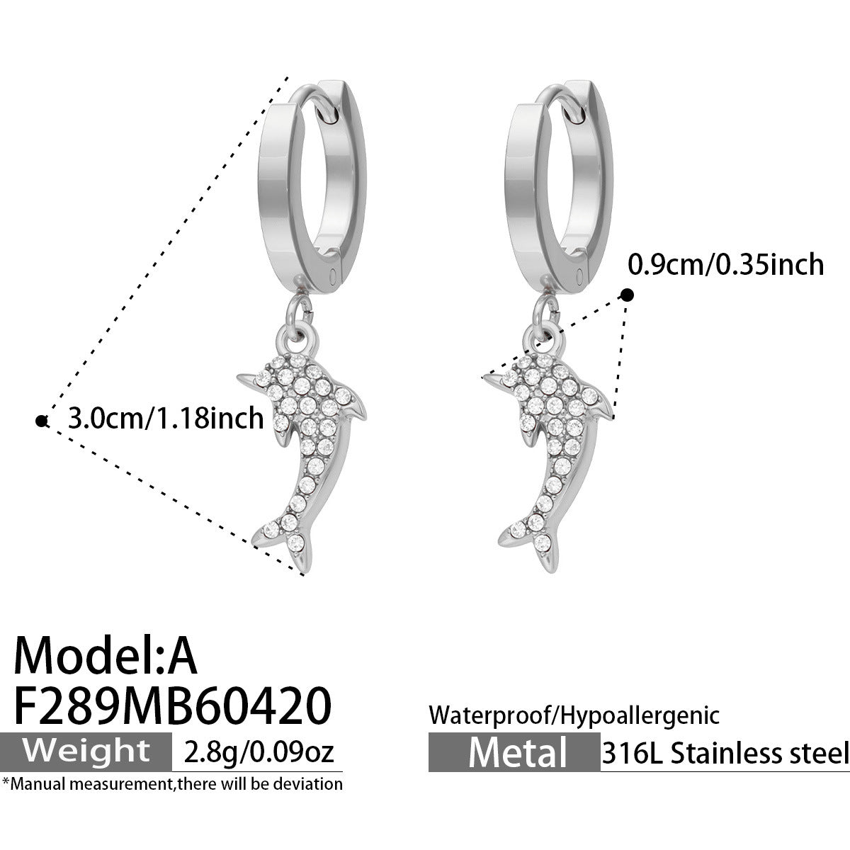 316L Stainless Steel 18K Gold PVD Dolphin Zircon Pave Earrings - Dolphin, Zircon Pave, Elegant, Coastal Wholesale Stainless Steel Jewelry - Sensitive Skin Friendly - Detail 4