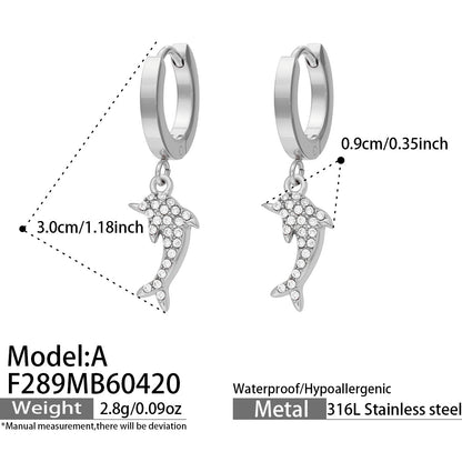 316L Stainless Steel 18K Gold PVD Dolphin Zircon Pave Earrings - Dolphin, Zircon Pave, Elegant, Coastal Wholesale Stainless Steel Jewelry - Sensitive Skin Friendly - Detail 4