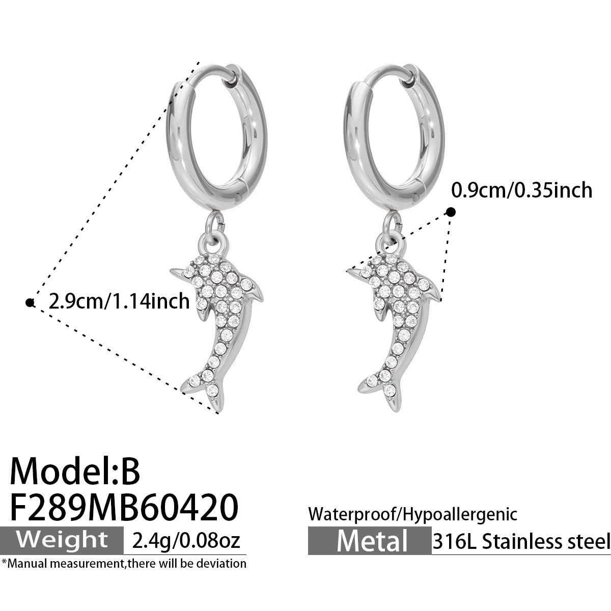 316L Stainless Steel 18K Gold PVD Dolphin Zircon Pave Earrings - Dolphin, Zircon Pave, Elegant, Coastal Wholesale Stainless Steel Jewelry - Sensitive Skin Friendly - Detail 5