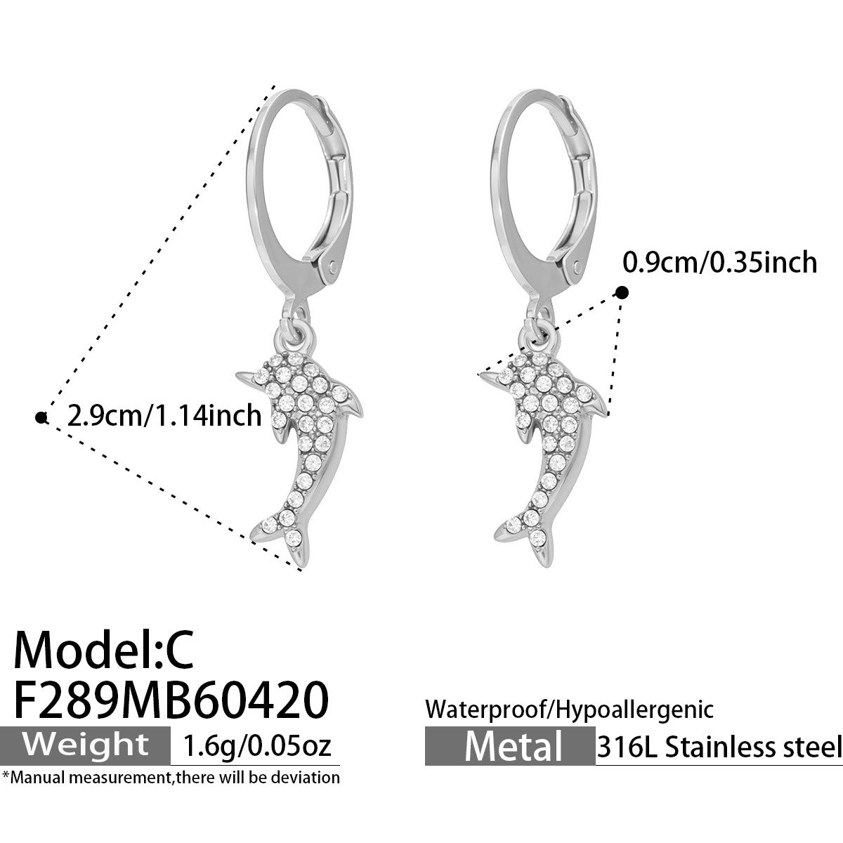 316L Stainless Steel 18K Gold PVD Dolphin Zircon Pave Earrings - Dolphin, Zircon Pave, Elegant, Coastal Wholesale Stainless Steel Jewelry - Sensitive Skin Friendly - Detail 6