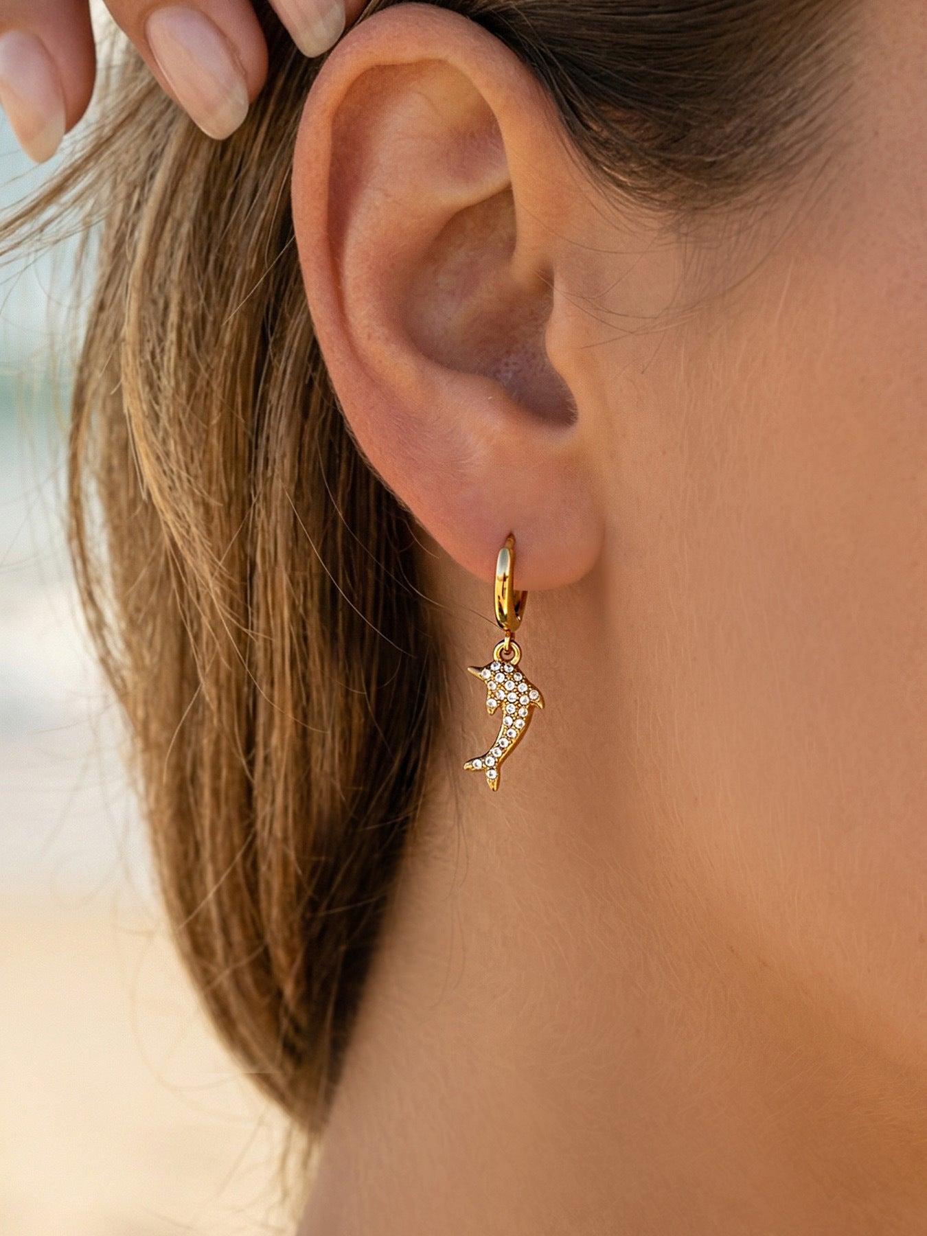 316L Stainless Steel 18K Gold PVD Dolphin Zircon Pave Earrings - Dolphin, Zircon Pave, Elegant, Coastal Wholesale Stainless Steel Jewelry - Sensitive Skin Friendly - Detail 7