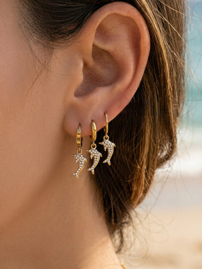 316L Stainless Steel 18K Gold PVD Dolphin Zircon Pave Earrings - Dolphin, Zircon Pave, Elegant, Coastal Wholesale Stainless Steel Jewelry - Sensitive Skin Friendly - Detail 8
