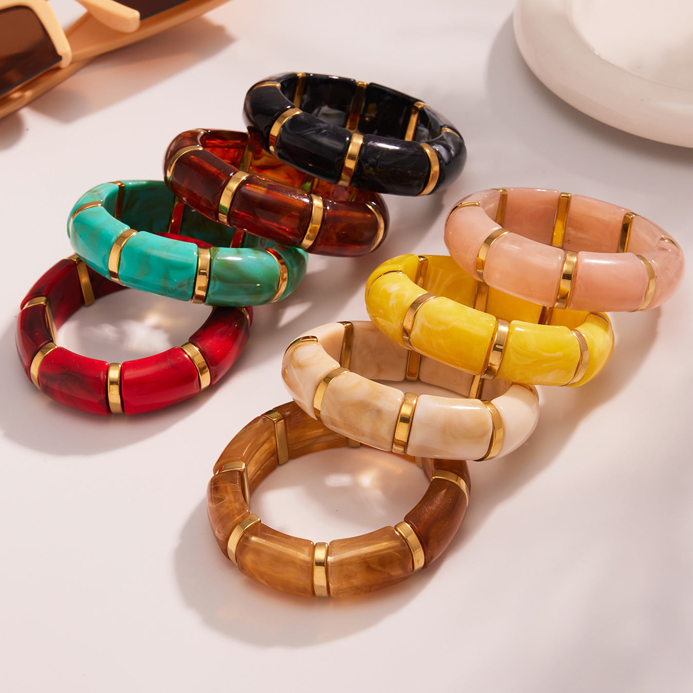 316L Stainless Steel 18K Gold PVD Dopamine Color Resin Wide Elastic Bangle - Dopamine Color Resin Wide Bangle Handcrafted Polished Modern Coastal Wholesale Stainless Steel Jewelry - Sensitive Skin Friendly - Detail 14
