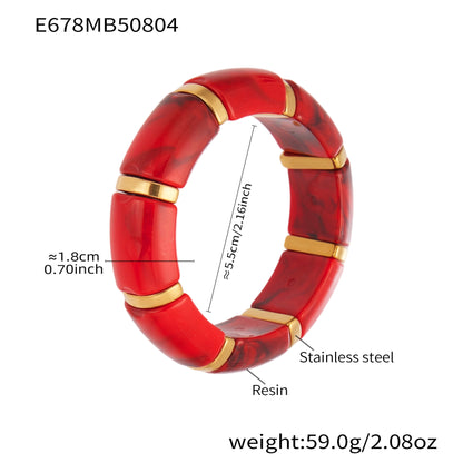 316L Stainless Steel 18K Gold PVD Dopamine Color Resin Wide Elastic Bangle - Dopamine Color Resin Wide Bangle Handcrafted Polished Modern Coastal Wholesale Stainless Steel Jewelry - Sensitive Skin Friendly - Detail 17