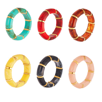 316L Stainless Steel 18K Gold PVD Dopamine Color Resin Wide Elastic Bangle - Dopamine Color Resin Wide Bangle Handcrafted Polished Modern Coastal Wholesale Stainless Steel Jewelry - Sensitive Skin Friendly - Detail 18