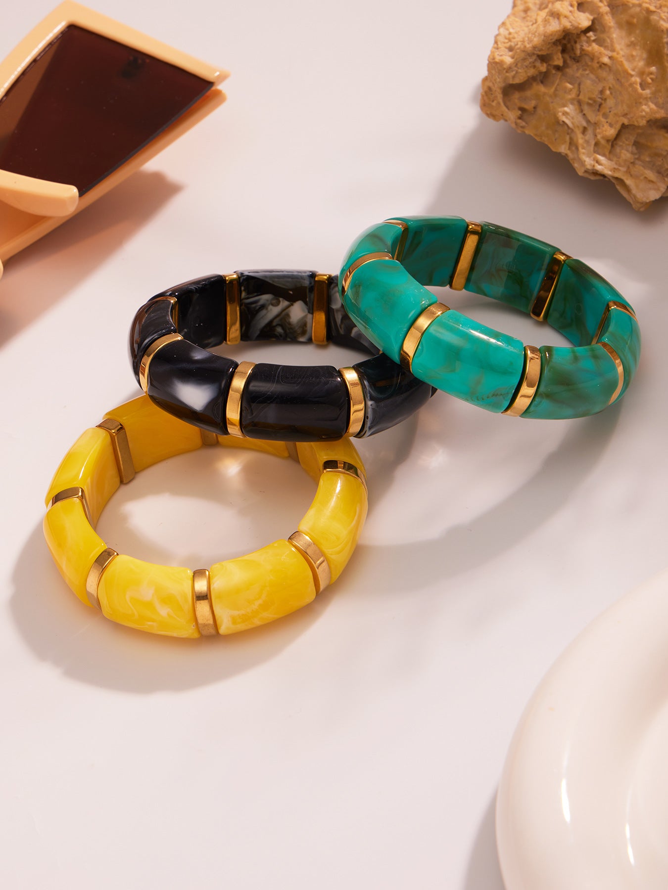 316L Stainless Steel 18K Gold PVD Dopamine Color Resin Wide Elastic Bangle - Dopamine Color Resin Wide Bangle Handcrafted Polished Modern Coastal Wholesale Stainless Steel Jewelry - Sensitive Skin Friendly - Detail 2