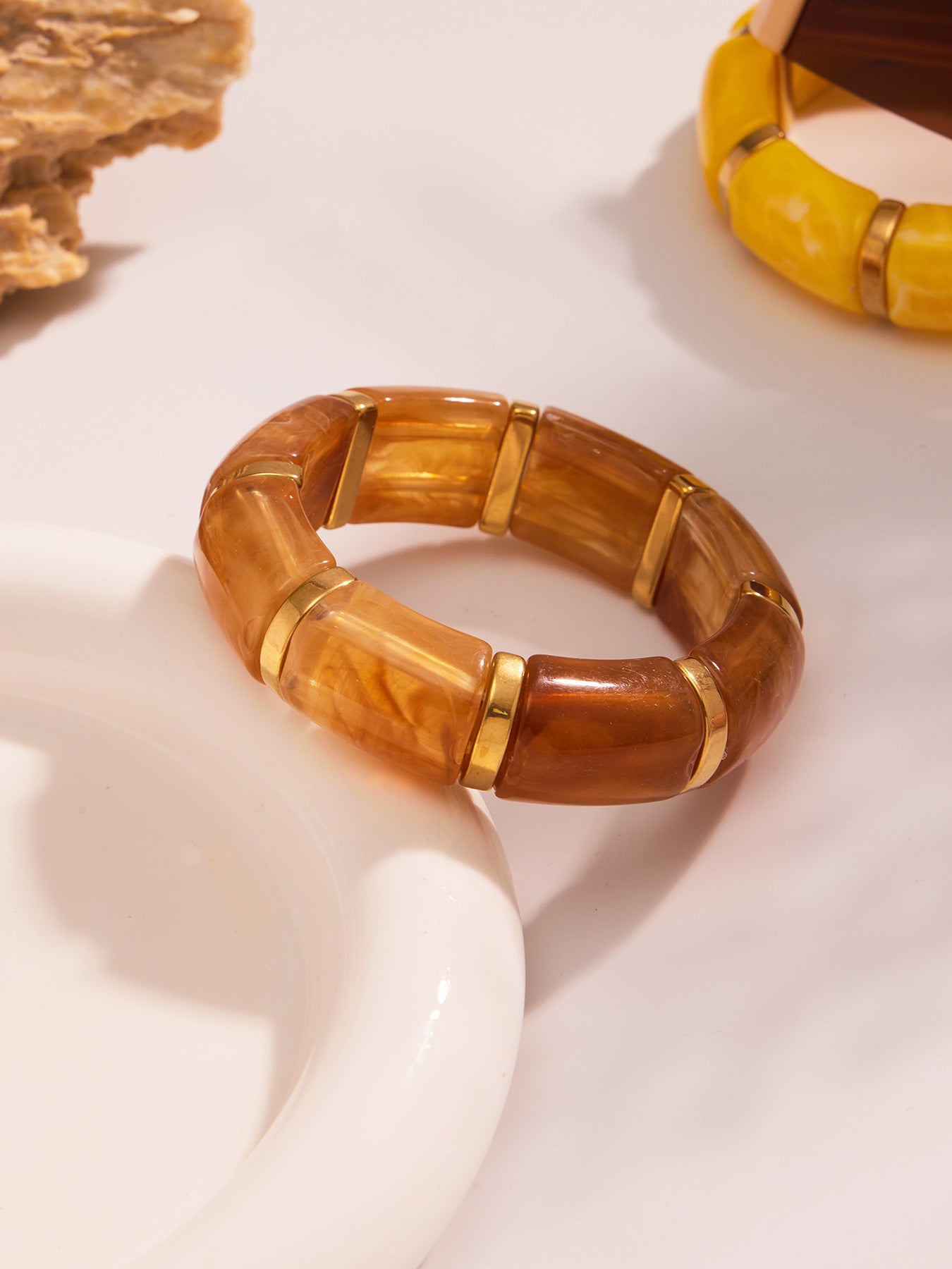 316L Stainless Steel 18K Gold PVD Dopamine Color Resin Wide Elastic Bangle - Dopamine Color Resin Wide Bangle Handcrafted Polished Modern Coastal Wholesale Stainless Steel Jewelry - Sensitive Skin Friendly - Detail 20