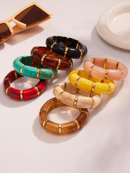 316L Stainless Steel 18K Gold PVD Dopamine Color Resin Wide Elastic Bangle - Dopamine Color Resin Wide Bangle Handcrafted Polished Modern Coastal Wholesale Stainless Steel Jewelry - Sensitive Skin Friendly - Detail 3