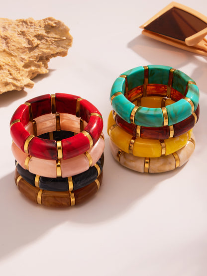 316L Stainless Steel 18K Gold PVD Dopamine Color Resin Wide Elastic Bangle - Dopamine Color Resin Wide Bangle Handcrafted Polished Modern Coastal Wholesale Stainless Steel Jewelry - Sensitive Skin Friendly - Detail 4