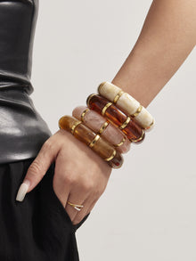 316L Stainless Steel 18K Gold PVD Dopamine Color Resin Wide Elastic Bangle - Dopamine Color Resin Wide Bangle Handcrafted Polished Modern Coastal Wholesale Stainless Steel Jewelry - Sensitive Skin Friendly - Detail 5