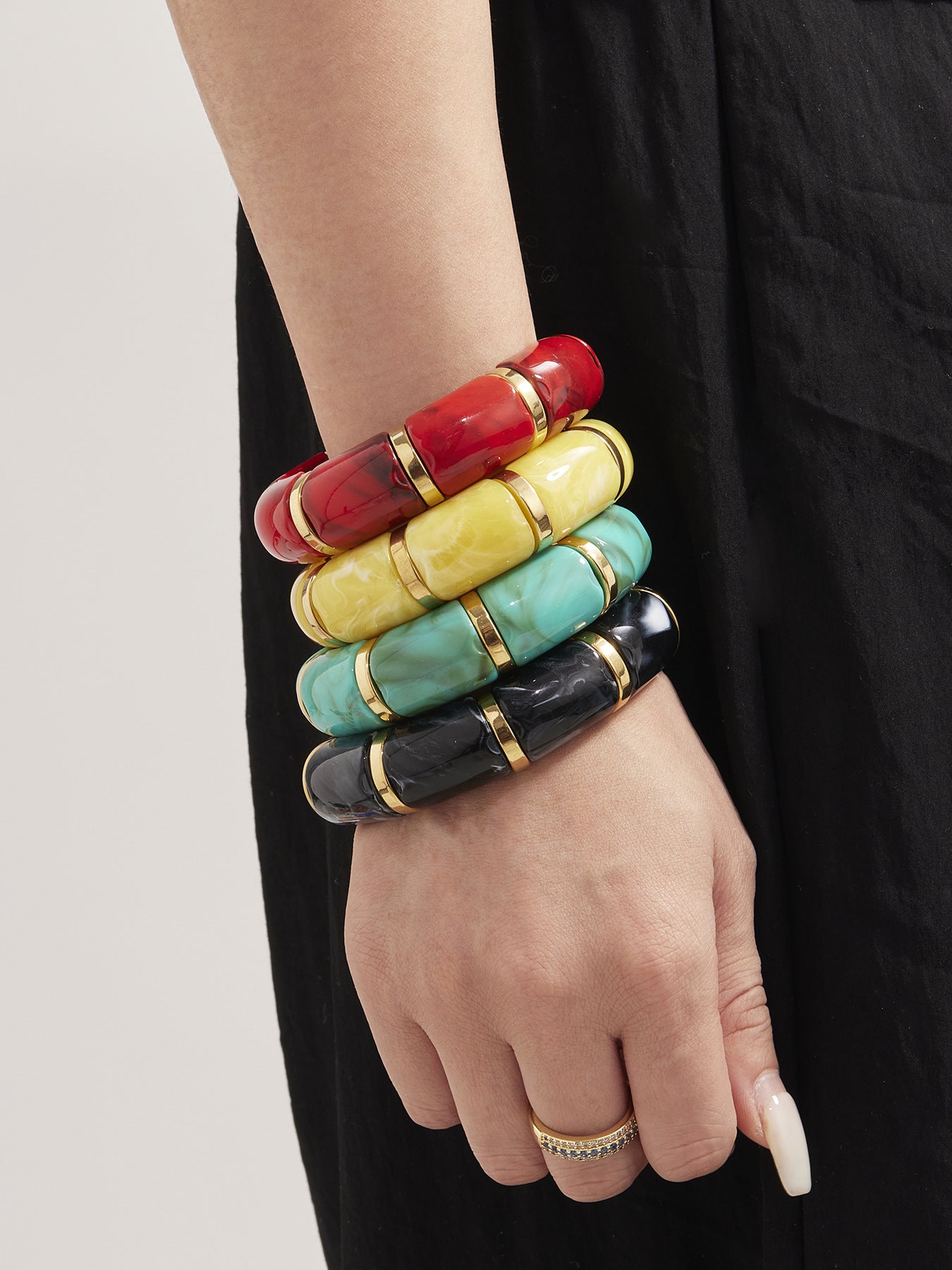 316L Stainless Steel 18K Gold PVD Dopamine Color Resin Wide Elastic Bangle - Dopamine Color Resin Wide Bangle Handcrafted Polished Modern Coastal Wholesale Stainless Steel Jewelry - Sensitive Skin Friendly - Detail 6