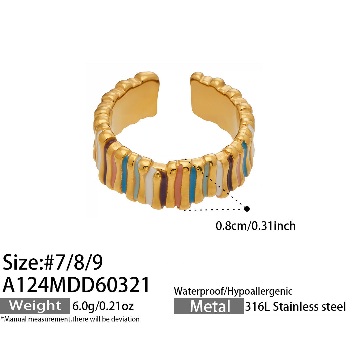 316L Stainless Steel 18K Gold PVD Dopamine Enamel Open Ring - Dopamine Enamel Ring, Open Design, Niche, Luxury Wholesale Stainless Steel Jewelry - Sensitive Skin Friendly - Detail 12