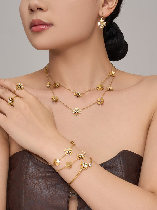 316L Stainless Steel 18K Gold PVD Double Heart Zircon Flower Jewelry Set - Double Heart Zircon Flower Chic Gold Jewelry Set Wholesale Stainless Steel Jewelry - Sensitive Skin Friendly - Detail 1
