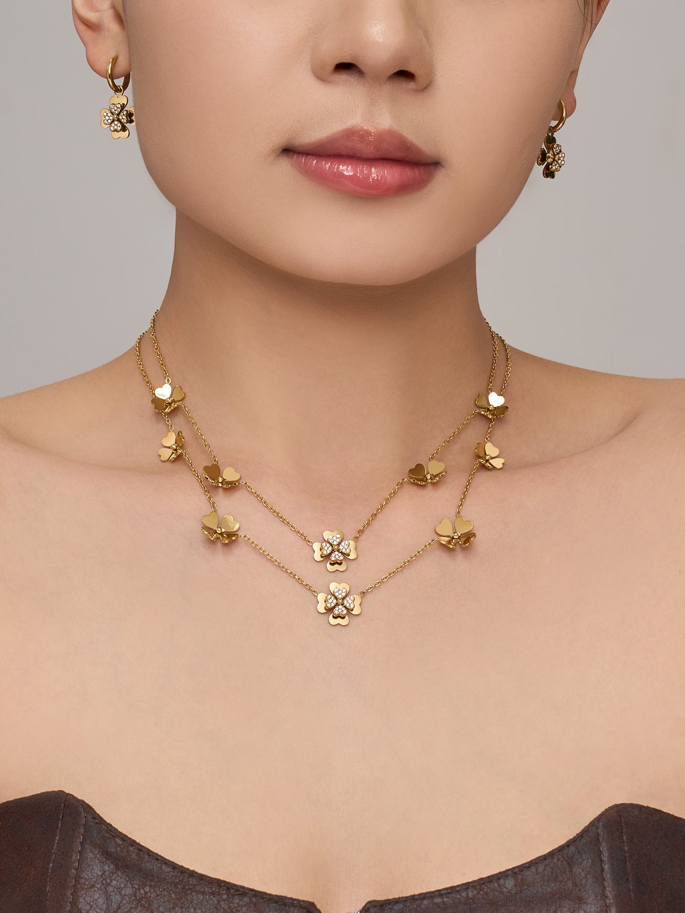 316L Stainless Steel 18K Gold PVD Double Heart Zircon Flower Jewelry Set - Double Heart Zircon Flower Chic Gold Jewelry Set Wholesale Stainless Steel Jewelry - Sensitive Skin Friendly - Detail 13