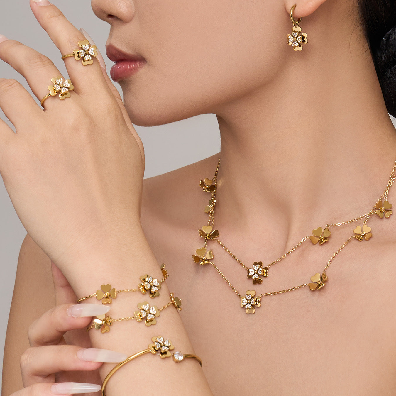 316L Stainless Steel 18K Gold PVD Double Heart Zircon Flower Jewelry Set - Double Heart Zircon Flower Chic Gold Jewelry Set Wholesale Stainless Steel Jewelry - Sensitive Skin Friendly - Detail 14