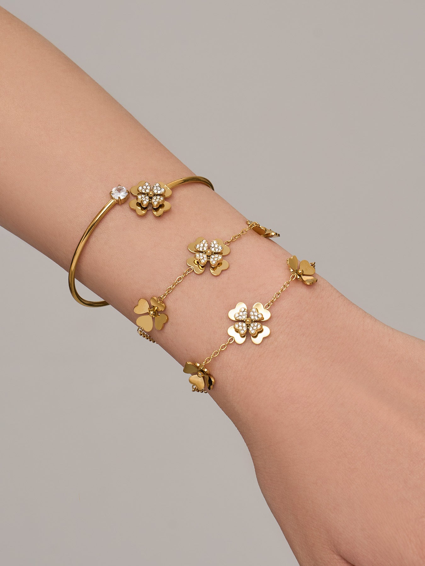 316L Stainless Steel 18K Gold PVD Double Heart Zircon Flower Jewelry Set - Double Heart Zircon Flower Chic Gold Jewelry Set Wholesale Stainless Steel Jewelry - Sensitive Skin Friendly - Detail 16