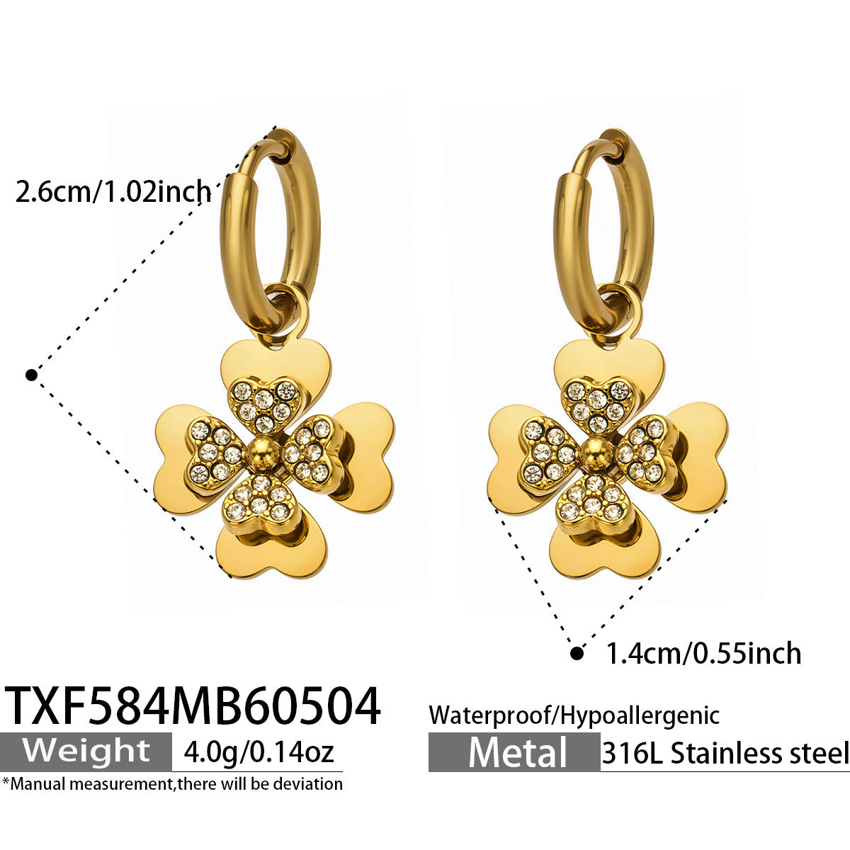 316L Stainless Steel 18K Gold PVD Double Heart Zircon Flower Jewelry Set - Double Heart Zircon Flower Chic Gold Jewelry Set Wholesale Stainless Steel Jewelry - Sensitive Skin Friendly - Detail 18