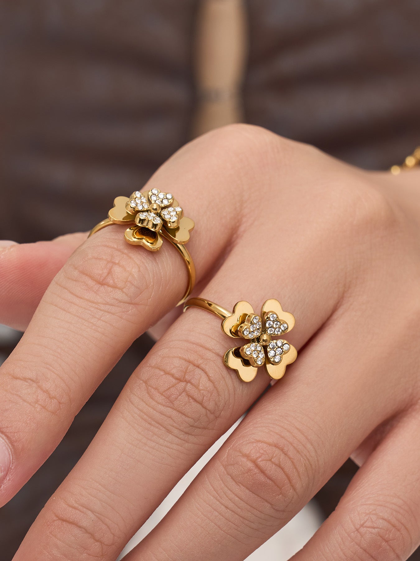 316L Stainless Steel 18K Gold PVD Double Heart Zircon Flower Jewelry Set - Double Heart Zircon Flower Chic Gold Jewelry Set Wholesale Stainless Steel Jewelry - Sensitive Skin Friendly - Detail 2