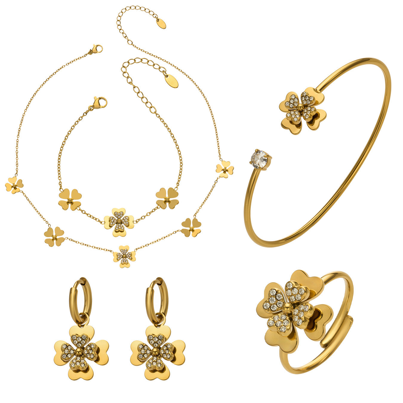 316L Stainless Steel 18K Gold PVD Double Heart Zircon Flower Jewelry Set - Double Heart Zircon Flower Chic Gold Jewelry Set Wholesale Stainless Steel Jewelry - Sensitive Skin Friendly - Detail 21