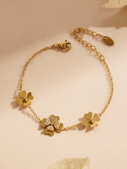 316L Stainless Steel 18K Gold PVD Double Heart Zircon Flower Jewelry Set - Double Heart Zircon Flower Chic Gold Jewelry Set Wholesale Stainless Steel Jewelry - Sensitive Skin Friendly - Detail 5