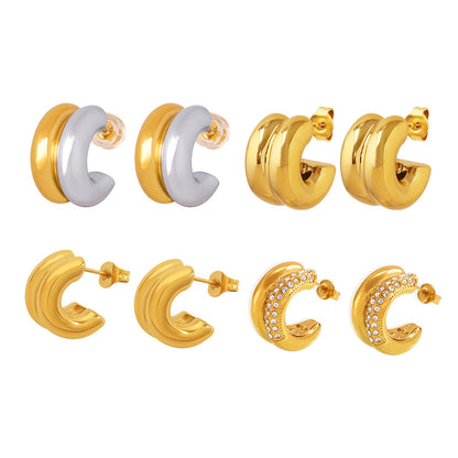 316L Stainless Steel 18K Gold PVD Double Layer C-Shaped Pave Zircon Earrings - Double Layer C-Shaped Pave Zircon Earrings Wholesale Stainless Steel Jewelry - Sensitive Skin Friendly - Detail 10