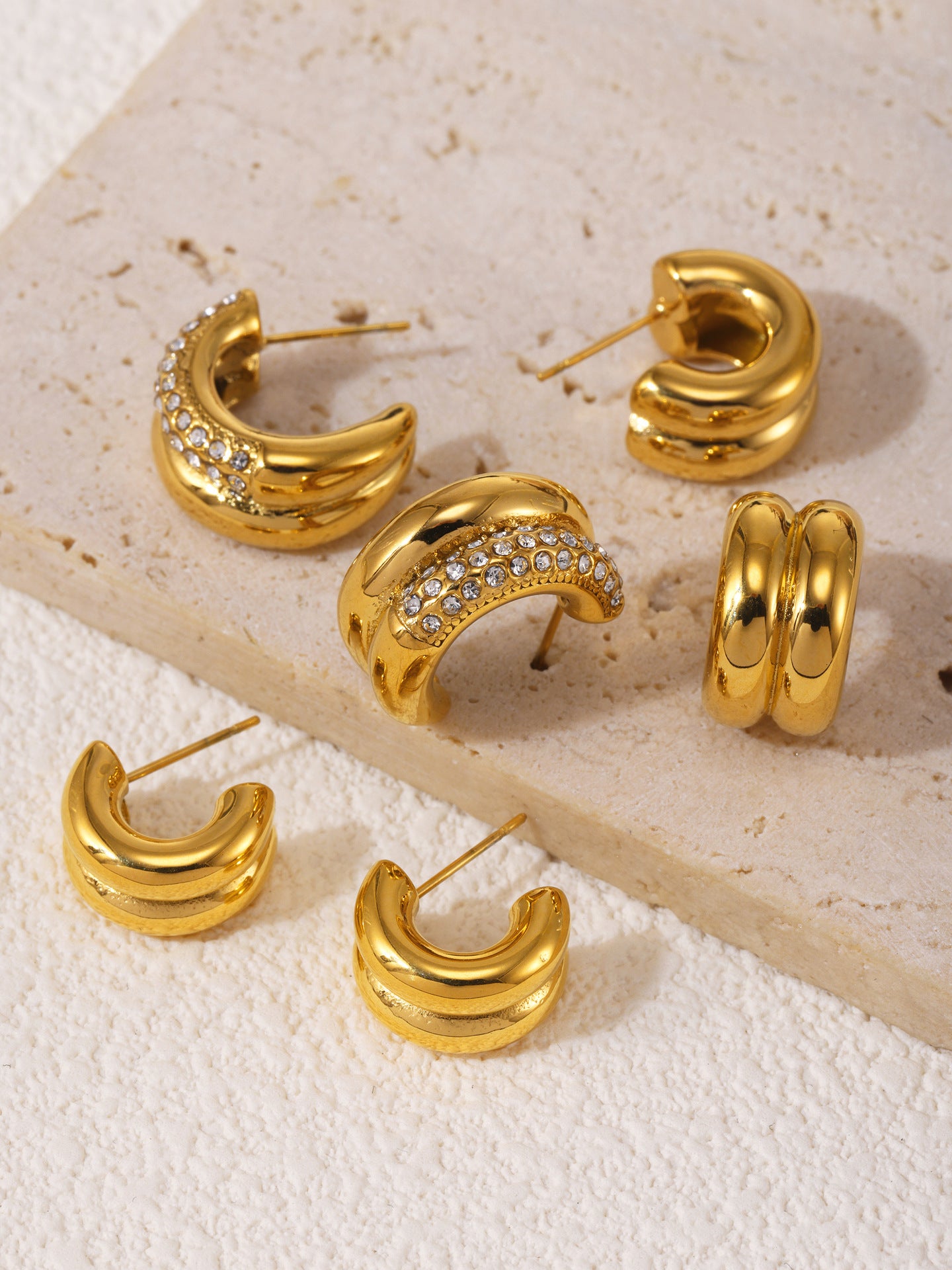 316L Stainless Steel 18K Gold PVD Double Layer C-Shaped Pave Zircon Earrings - Double Layer C-Shaped Pave Zircon Earrings Wholesale Stainless Steel Jewelry - Sensitive Skin Friendly - Detail 2