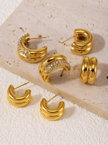 316L Stainless Steel 18K Gold PVD Double Layer C-Shaped Pave Zircon Earrings - Double Layer C-Shaped Pave Zircon Earrings Wholesale Stainless Steel Jewelry - Sensitive Skin Friendly - Detail 2