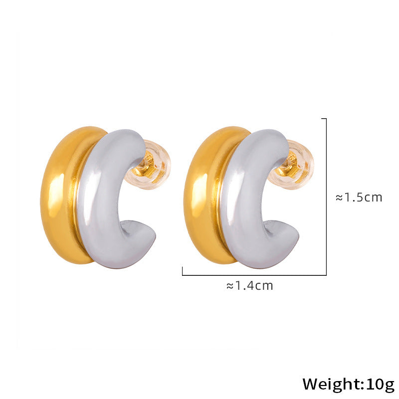 316L Stainless Steel 18K Gold PVD Double Layer C-Shaped Pave Zircon Earrings - Double Layer C-Shaped Pave Zircon Earrings Wholesale Stainless Steel Jewelry - Sensitive Skin Friendly - Detail 4