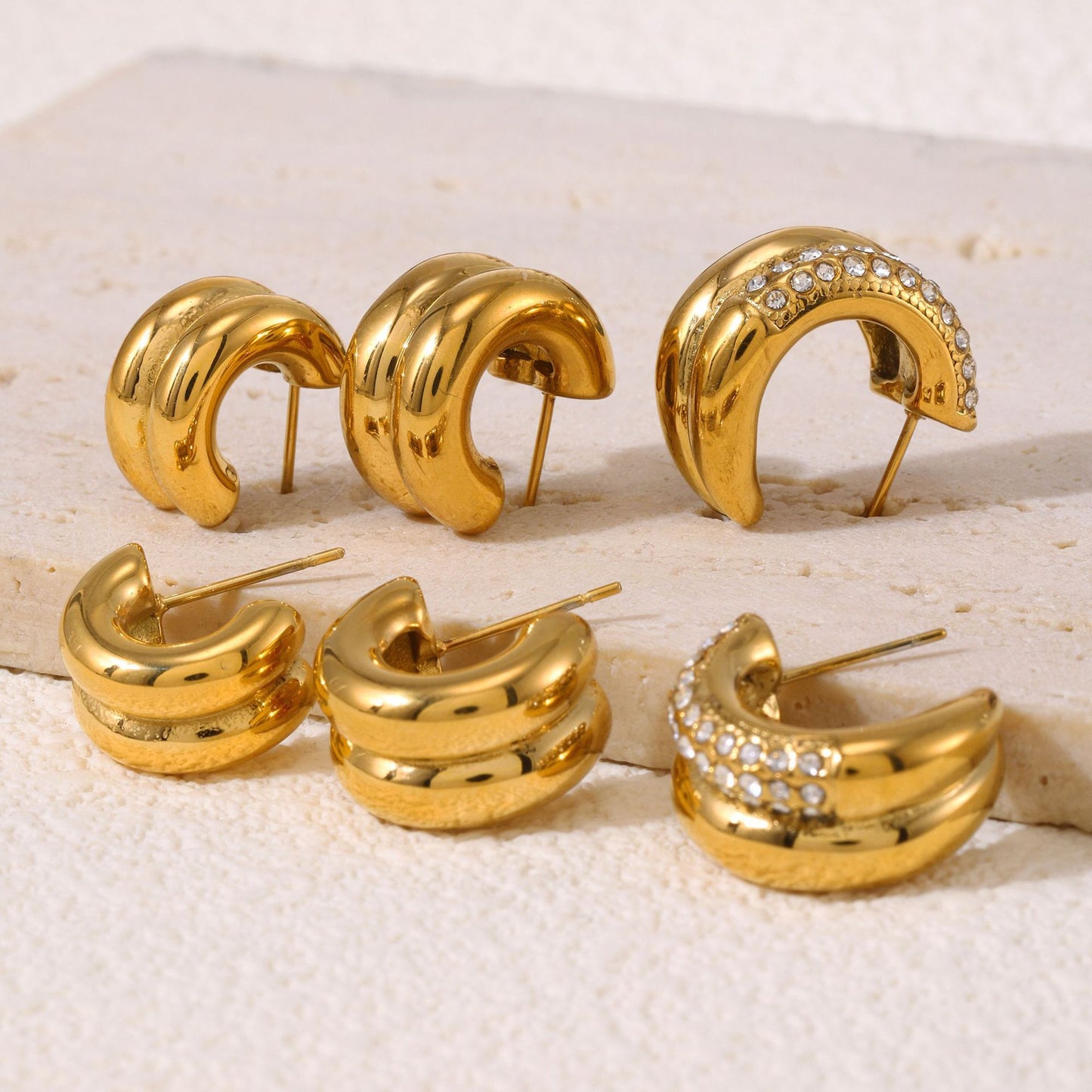 316L Stainless Steel 18K Gold PVD Double Layer C-Shaped Pave Zircon Earrings - Double Layer C-Shaped Pave Zircon Earrings Wholesale Stainless Steel Jewelry - Sensitive Skin Friendly - Detail 9