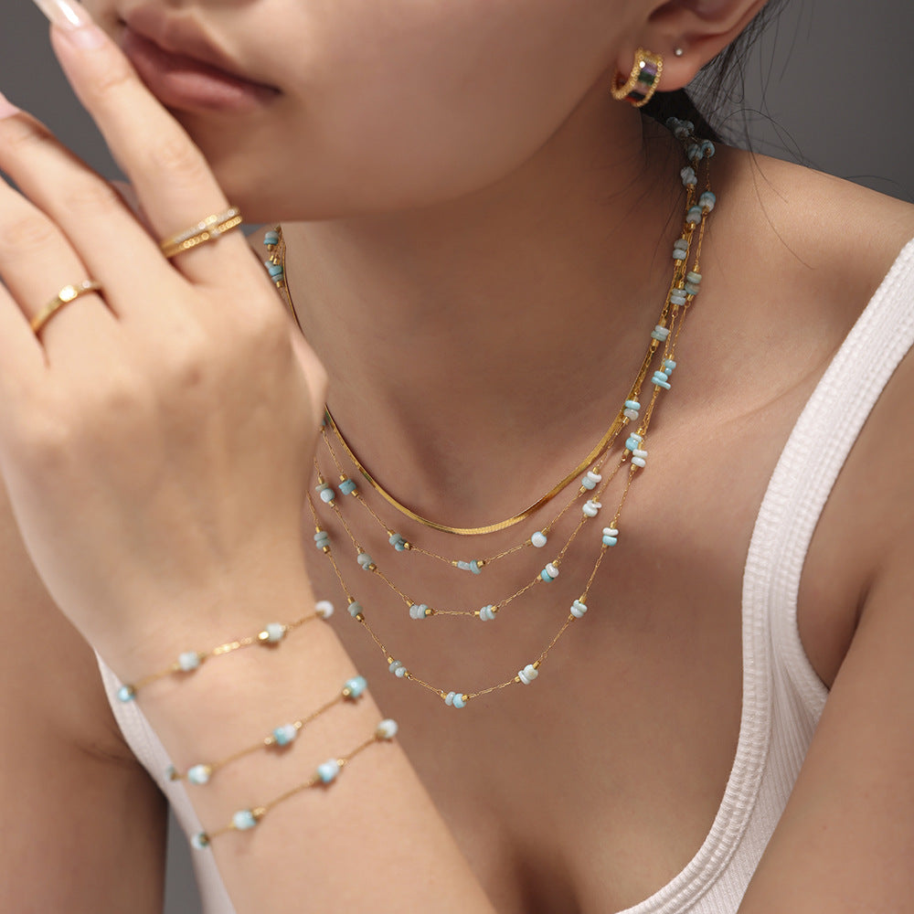 316L Stainless Steel 18K Gold PVD Double Layer Natural Stone Necklace & Bracelet Collection - Double Layer, Natural Stone, Amazonite, Blue Sandstone, Minimalist, Coastal Charm, 18K Gold PVD, Gold Jewelry Wholesale Stainless Steel Jewelry - Sensitive Skin Friendly - Detail 1