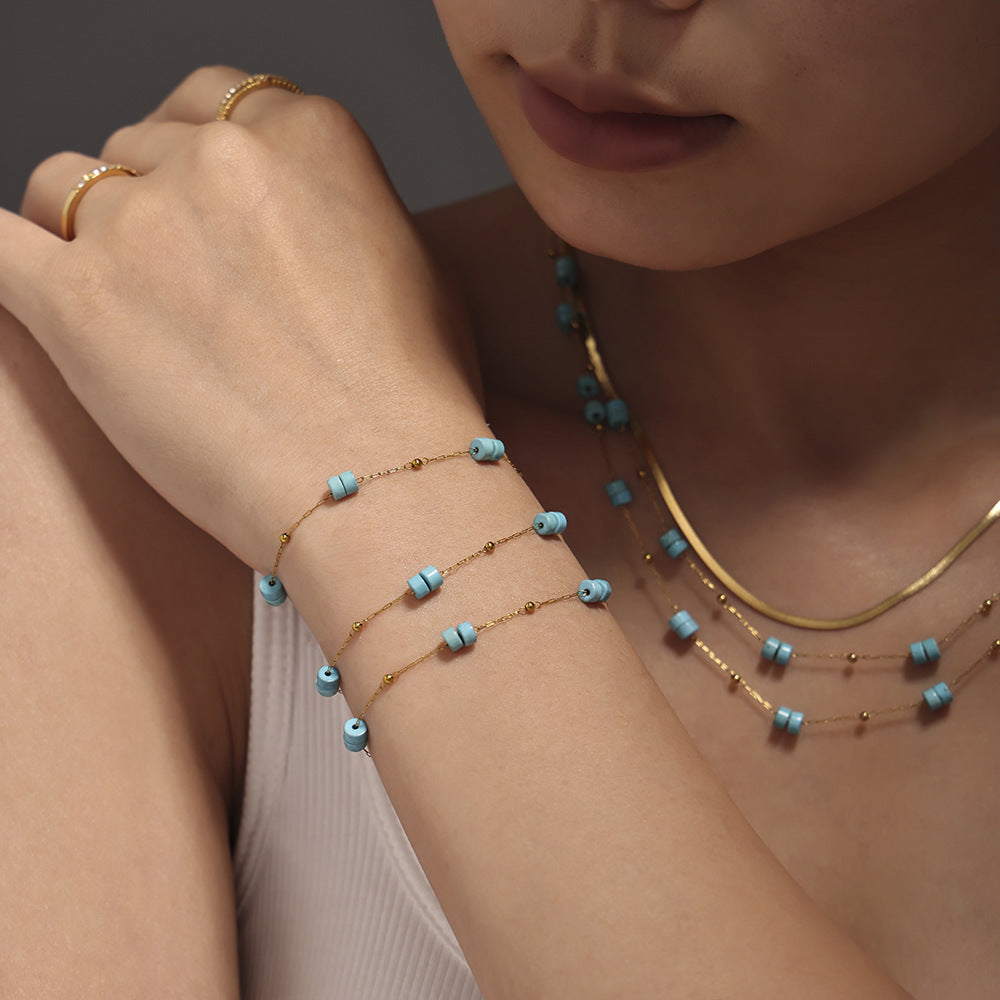 316L Stainless Steel 18K Gold PVD Double Layer Natural Stone Necklace & Bracelet Collection - Double Layer, Natural Stone, Amazonite, Blue Sandstone, Minimalist, Coastal Charm, 18K Gold PVD, Gold Jewelry Wholesale Stainless Steel Jewelry - Sensitive Skin Friendly - Detail 18