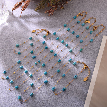 316L Stainless Steel 18K Gold PVD Double Layer Natural Stone Necklace & Bracelet Collection - Double Layer, Natural Stone, Amazonite, Blue Sandstone, Minimalist, Coastal Charm, 18K Gold PVD, Gold Jewelry Wholesale Stainless Steel Jewelry - Sensitive Skin Friendly - Detail 6