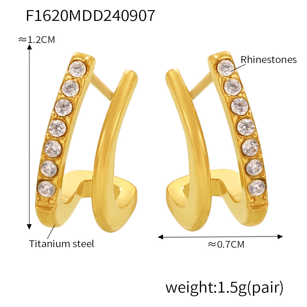316L Stainless Steel 18K Gold PVD Double Layer Small C Hoop Earrings with Paved Zircon - Double Layer Small C Hoop Pavé Zircon Minimalist Wholesale Stainless Steel Jewelry - Sensitive Skin Friendly - Detail 3