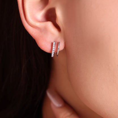 316L Stainless Steel 18K Gold PVD Double Layer Small C Hoop Earrings with Paved Zircon - Double Layer Small C Hoop Pavé Zircon Minimalist Wholesale Stainless Steel Jewelry - Sensitive Skin Friendly - Detail 5