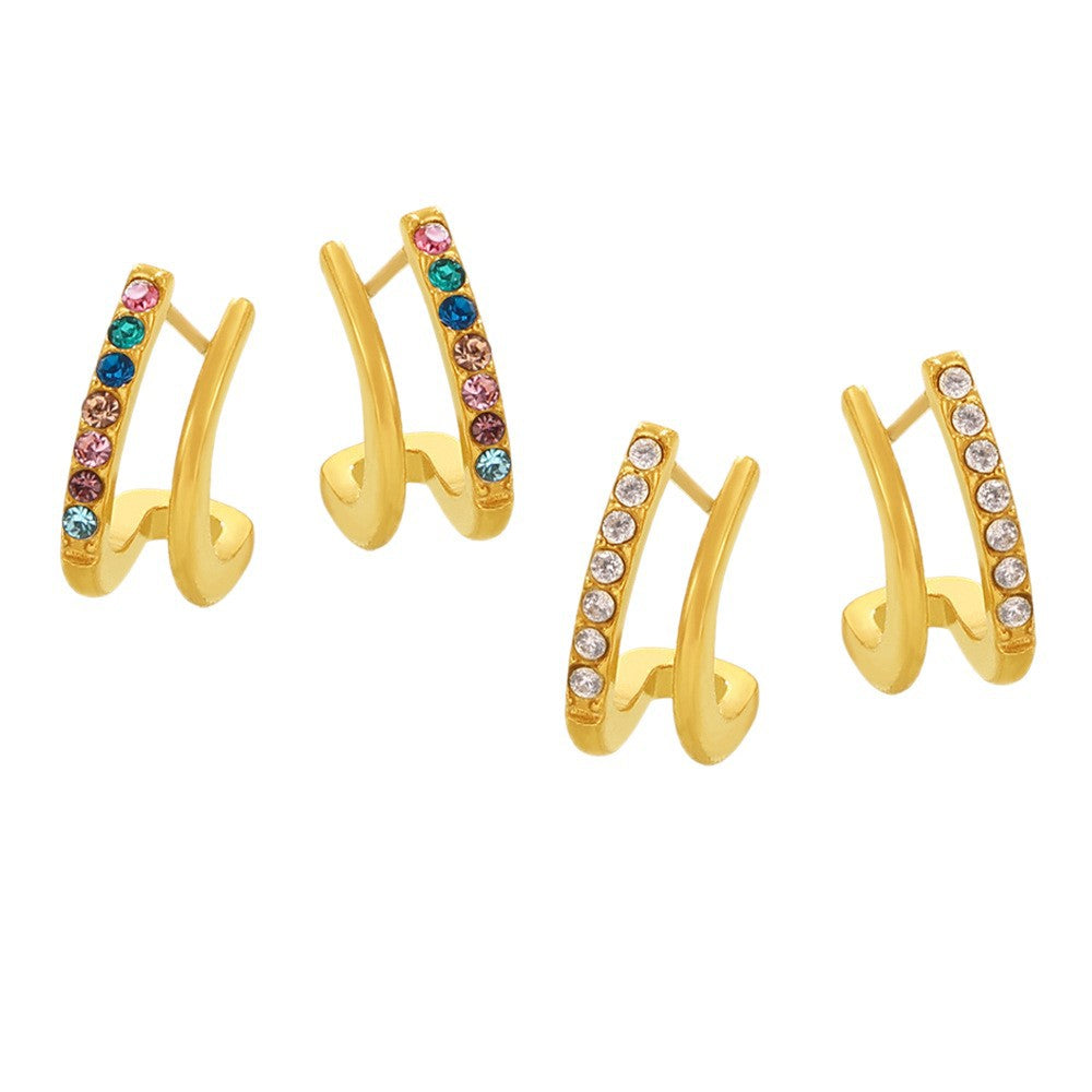 316L Stainless Steel 18K Gold PVD Double Layer Small C Hoop Earrings with Paved Zircon - Double Layer Small C Hoop Pavé Zircon Minimalist Wholesale Stainless Steel Jewelry - Sensitive Skin Friendly - Detail 8