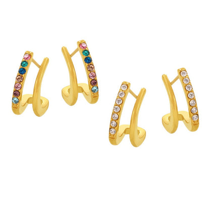 316L Stainless Steel 18K Gold PVD Double Layer Small C Hoop Earrings with Paved Zircon - Double Layer Small C Hoop Pavé Zircon Minimalist Wholesale Stainless Steel Jewelry - Sensitive Skin Friendly - Detail 8