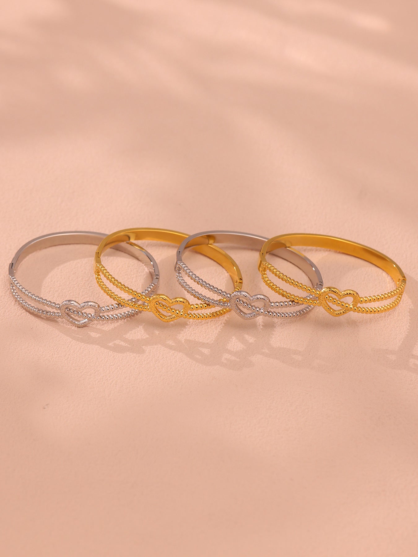 316L Stainless Steel 18K Gold PVD Double-Line Heart Beaded Clasp Bangle - Double-Line Heart Beaded Bangle Wholesale Stainless Steel Jewelry - Sensitive Skin Friendly - Detail 11