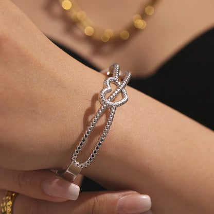316L Stainless Steel 18K Gold PVD Double-Line Heart Beaded Clasp Bangle - Double-Line Heart Beaded Bangle Wholesale Stainless Steel Jewelry - Sensitive Skin Friendly - Detail 2