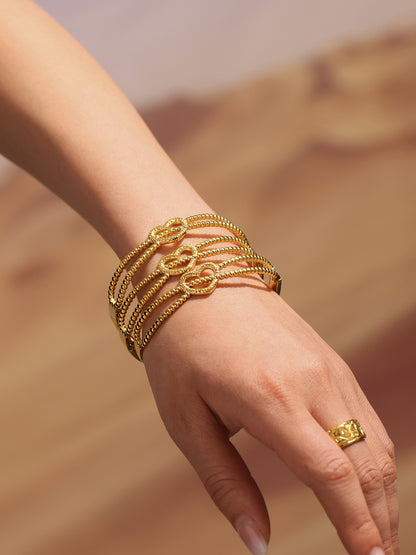 316L Stainless Steel 18K Gold PVD Double-Line Heart Beaded Clasp Bangle - Double-Line Heart Beaded Bangle Wholesale Stainless Steel Jewelry - Sensitive Skin Friendly - Detail 7