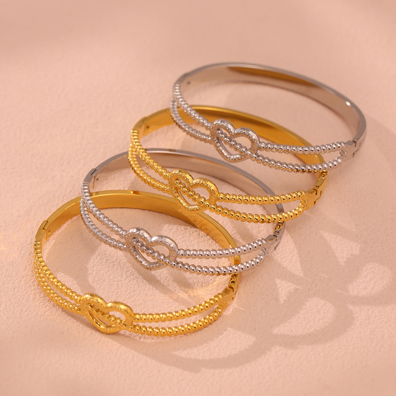 316L Stainless Steel 18K Gold PVD Double-Line Heart Beaded Clasp Bangle - Double-Line Heart Beaded Bangle Wholesale Stainless Steel Jewelry - Sensitive Skin Friendly - Detail 8