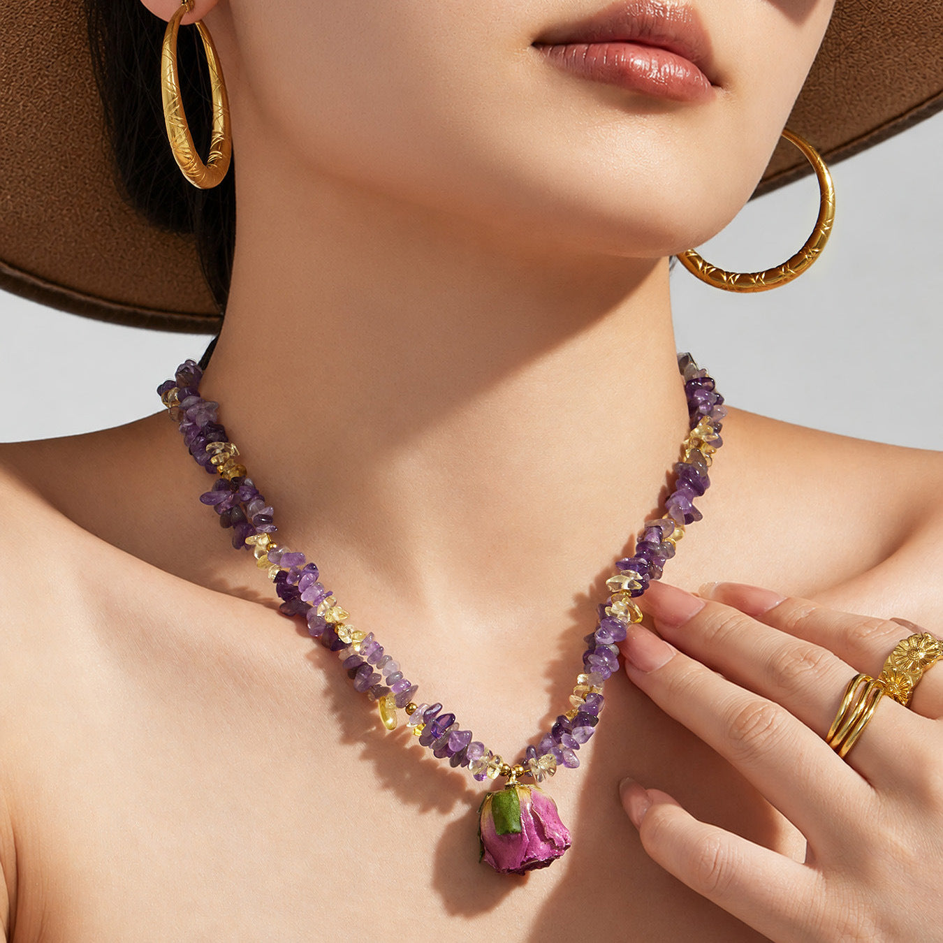 316L Stainless Steel 18K Gold PVD Dried Flower Resin Crystal Necklace - Dried Flower, Crystal, Modern Wholesale Stainless Steel Jewelry - Sensitive Skin Friendly - Detail 2